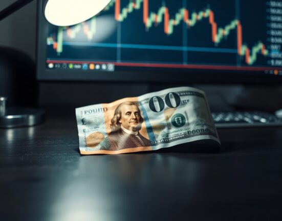 British pound and US dollar banknotes on a desk with a financial chart in the background