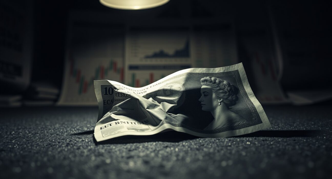 British pound banknote on a dark surface with financial charts in the background