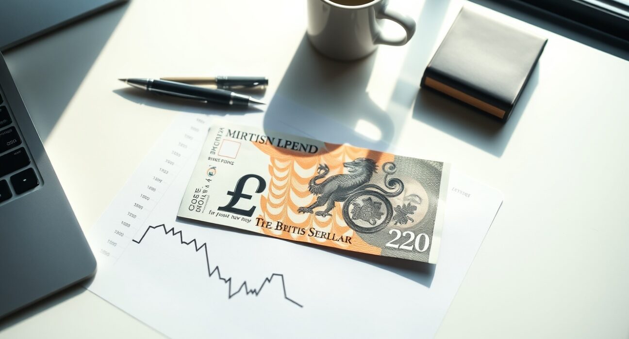 British Pound banknote on a desk with a financial chart showing a downward trend.