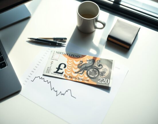 British Pound banknote on a desk with a financial chart showing a downward trend.