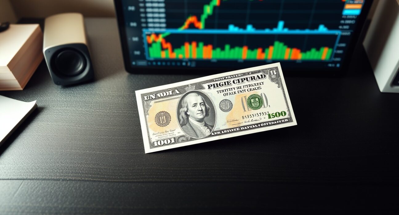British Pound and US Dollar banknotes on a desk with financial chart in background