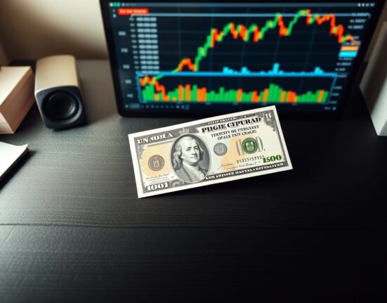 British Pound and US Dollar banknotes on a desk with financial chart in background