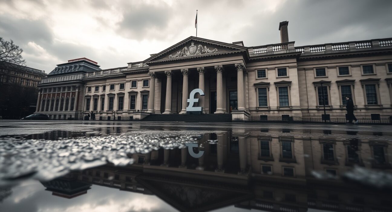 Bank of England building with British Pound symbol reflection in puddle under cloudy sky