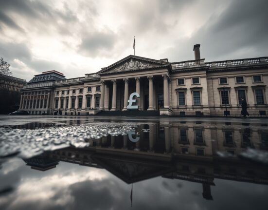Bank of England building with British Pound symbol reflection in puddle under cloudy sky