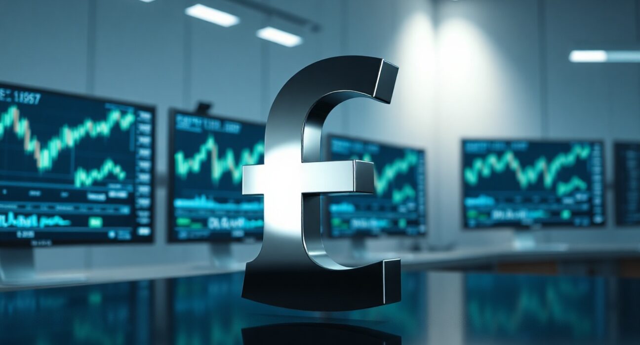 British pound symbol on a reflective surface with blurred trading floor background
