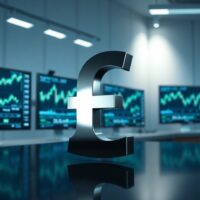 British pound symbol on a reflective surface with blurred trading floor background