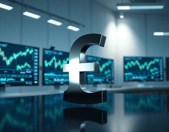 British pound symbol on a reflective surface with blurred trading floor background