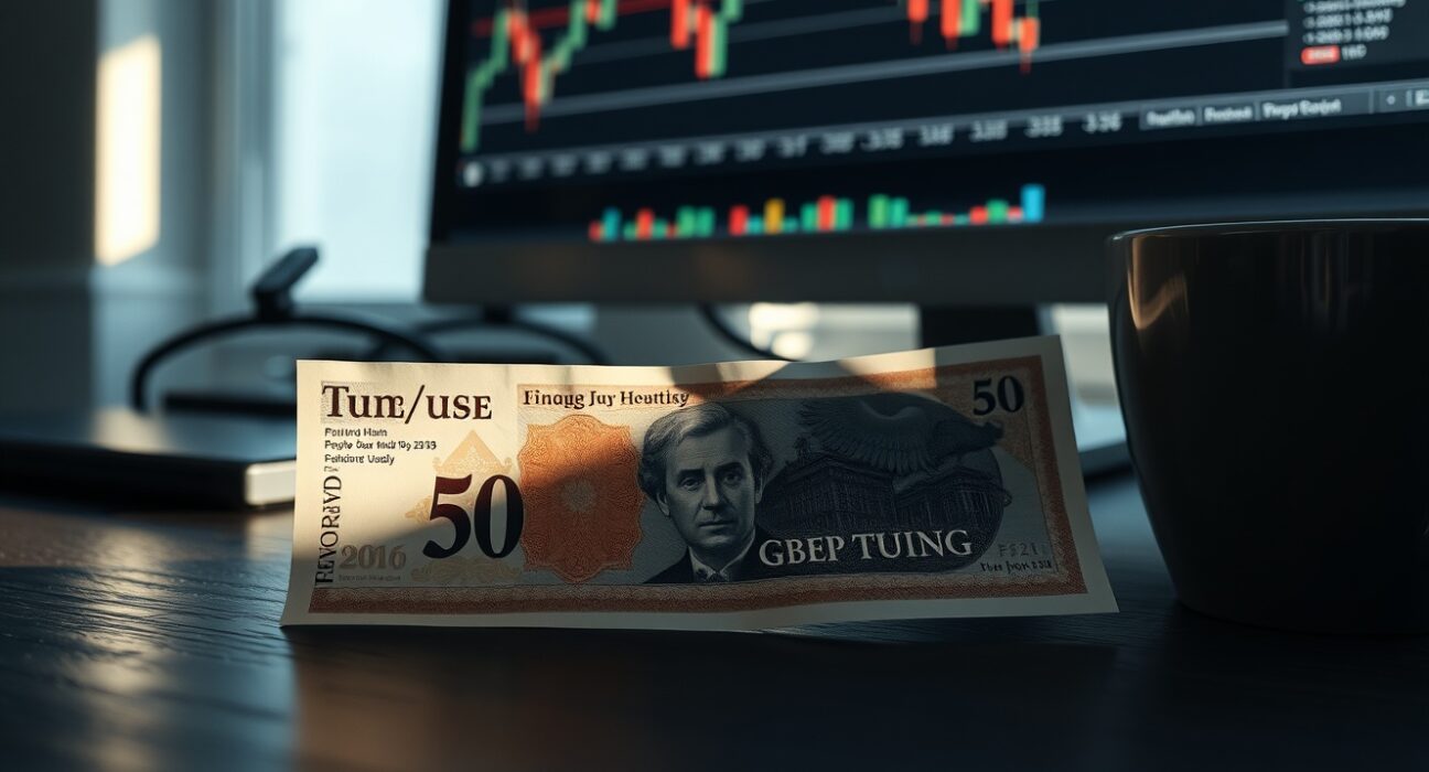 British pound banknote on desk with GBP/USD chart on monitor in background