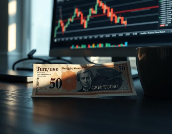 British pound banknote on desk with GBP/USD chart on monitor in background