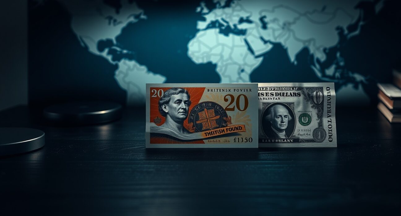 British Pound and US Dollar banknotes on desk with world map background representing forex market and geopolitical risk