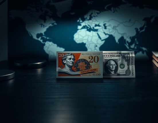 British Pound and US Dollar banknotes on desk with world map background representing forex market and geopolitical risk