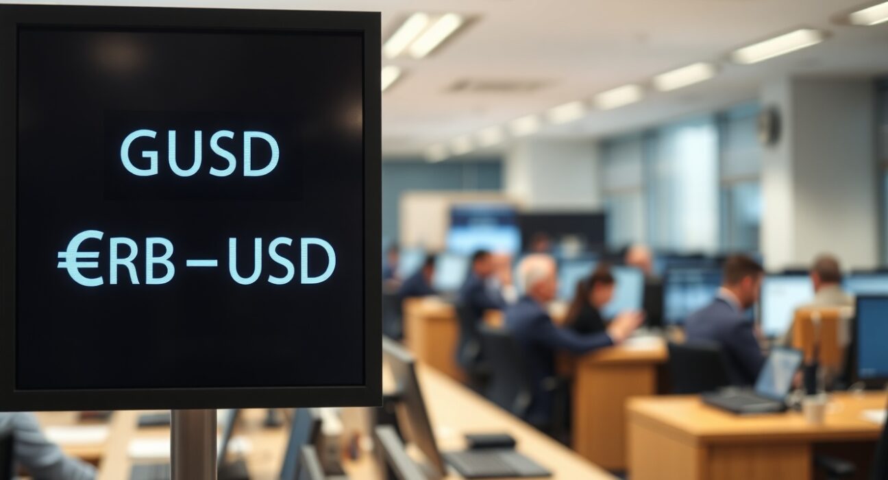 GBP/USD exchange rate display on a trading floor screen showing flat movement amid geopolitical tensions.