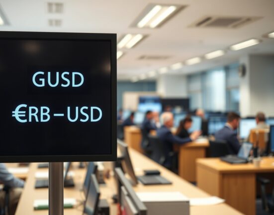 GBP/USD exchange rate display on a trading floor screen showing flat movement amid geopolitical tensions.