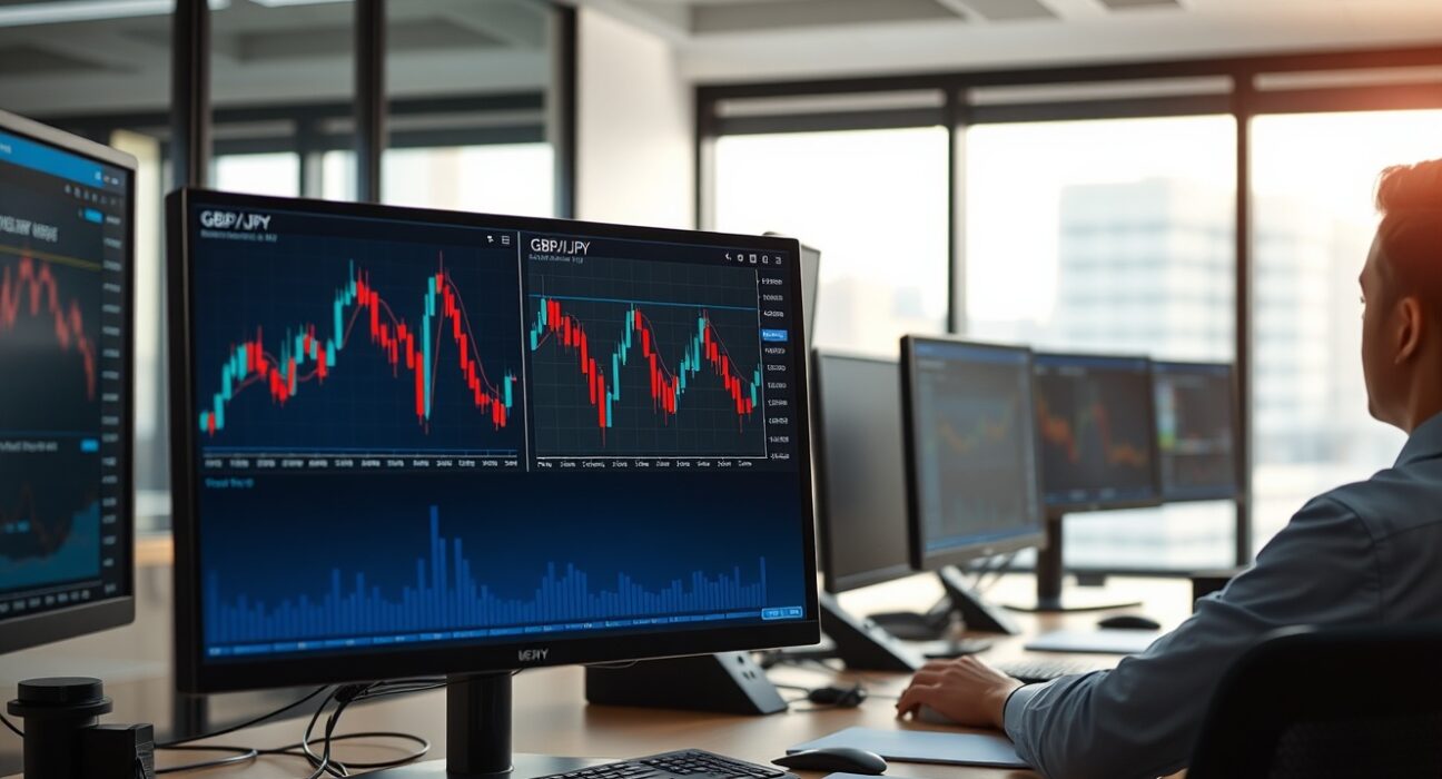 Professional forex trading desk with GBP/JPY charts showing flat movement