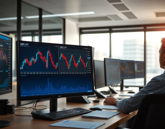Professional forex trading desk with GBP/JPY charts showing flat movement