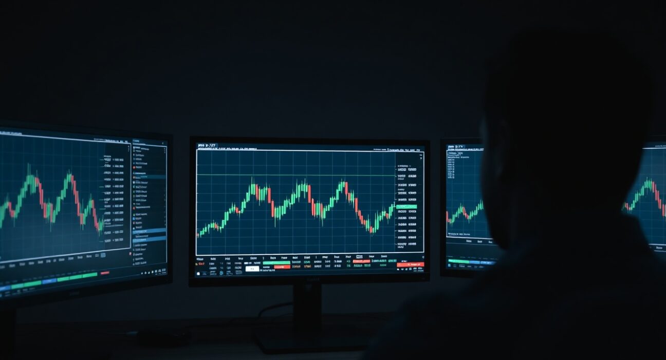 GBP/JPY trading chart showing price flat near 215.00 level on a monitor in a trading room