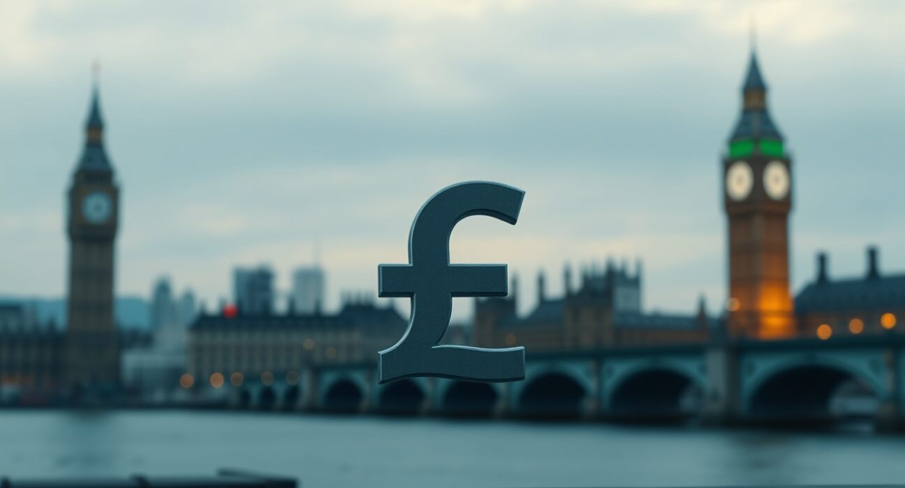 British pound symbol against a blurred city and geopolitical landscape