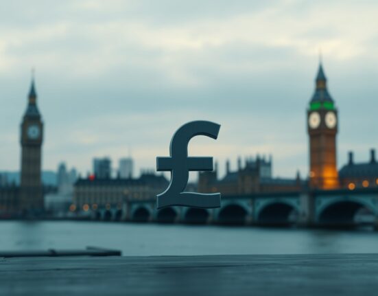 British pound symbol against a blurred city and geopolitical landscape