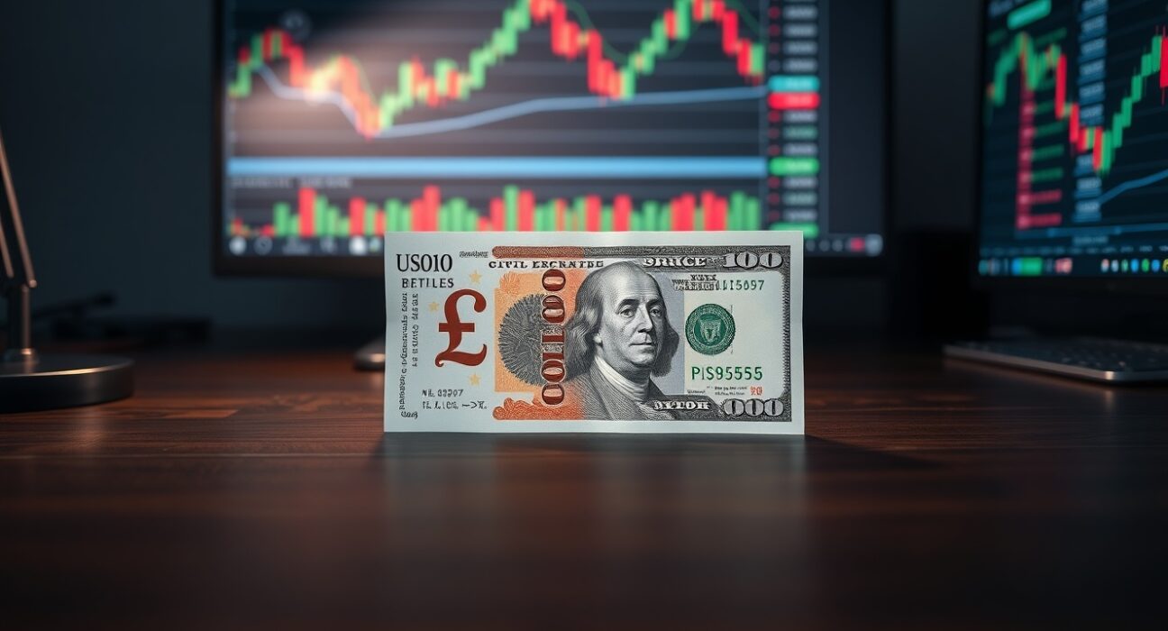 British Pound and US Dollar banknotes on a desk with financial charts in background