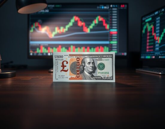 British Pound and US Dollar banknotes on a desk with financial charts in background