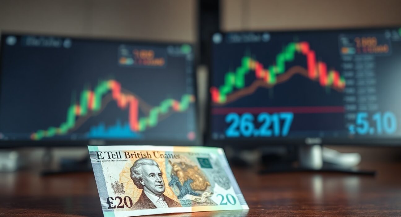 British pound banknote on a trading desk with bullish chart in background