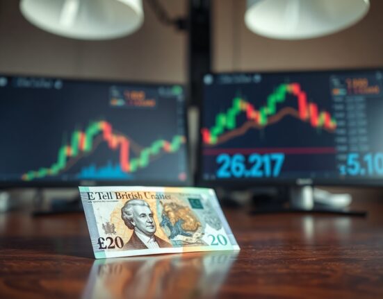British pound banknote on a trading desk with bullish chart in background