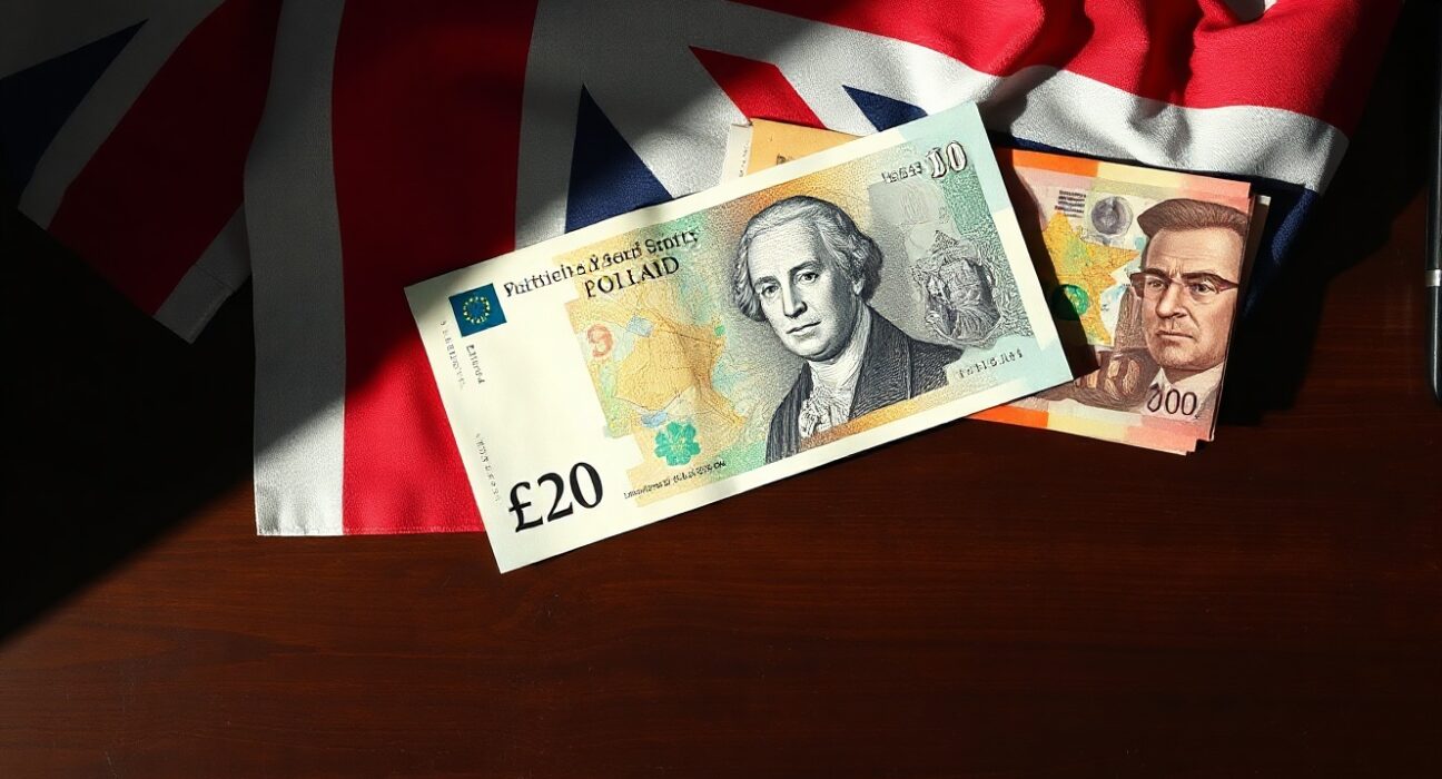 British Pound banknote with US Dollar and Euro notes in background on desk