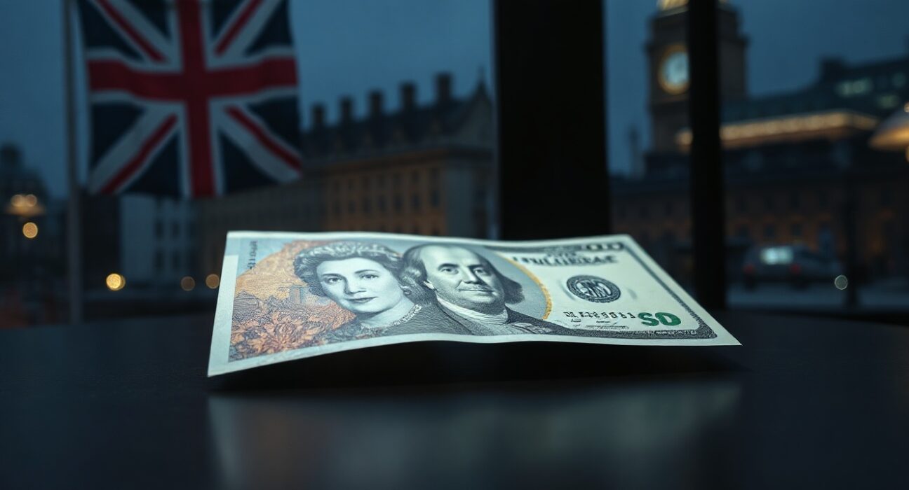 British Pound and US Dollar banknotes on a desk with Union Jack background, representing GBP/USD currency pair decline amid UK political crisis.