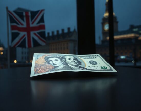 British Pound and US Dollar banknotes on a desk with Union Jack background, representing GBP/USD currency pair decline amid UK political crisis.