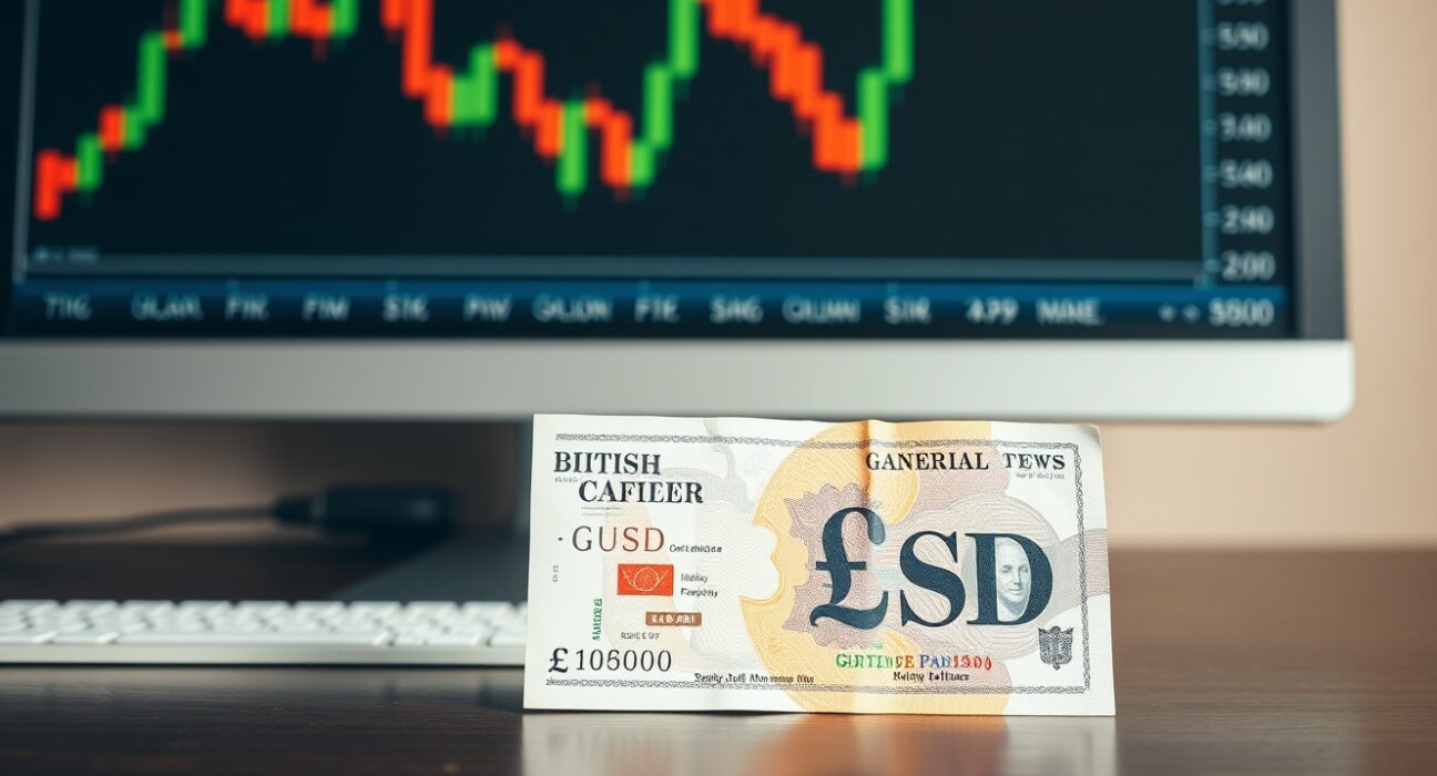 British Pound and US Dollar banknotes with a candlestick chart in the background, representing forex market movement ahead of NFP data.