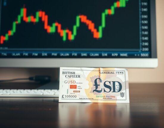 British Pound and US Dollar banknotes with a candlestick chart in the background, representing forex market movement ahead of NFP data.