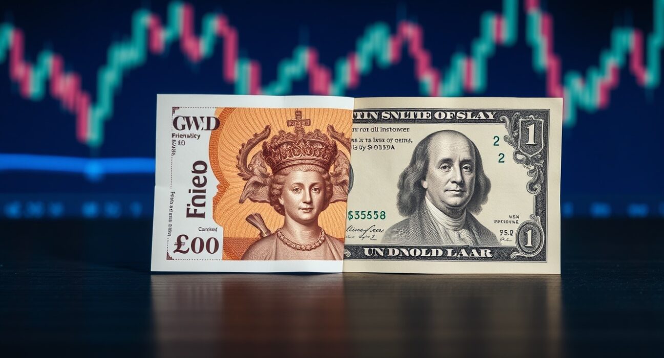 British Pound and US Dollar banknotes on a desk with a blurred financial chart background.