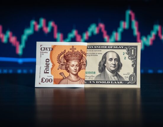 British Pound and US Dollar banknotes on a desk with a blurred financial chart background.