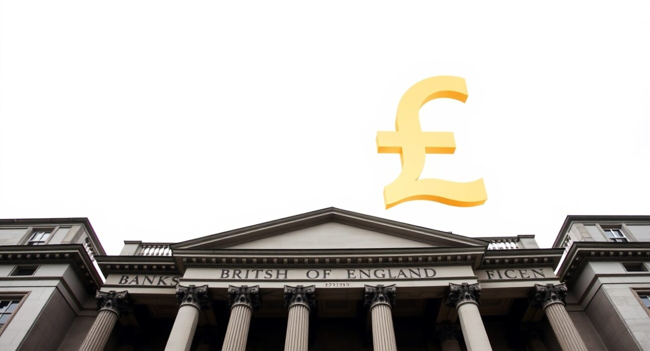 Bank of England building with a subtle gold pound sterling symbol in the sky, representing currency market gains.