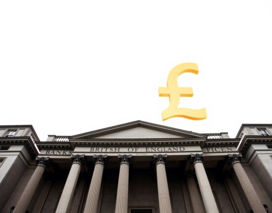 Bank of England building with a subtle gold pound sterling symbol in the sky, representing currency market gains.
