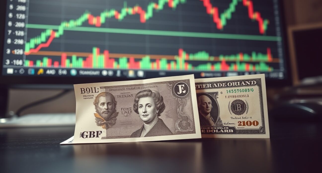 British Pound and US Dollar banknotes with a forex chart showing GBP/USD rise