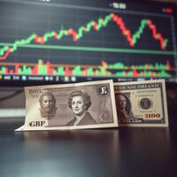 British Pound and US Dollar banknotes with a forex chart showing GBP/USD rise