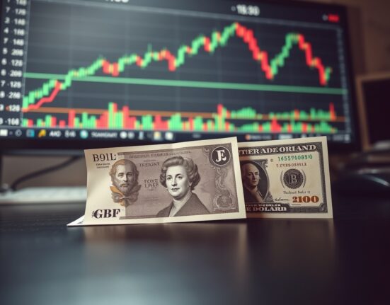 British Pound and US Dollar banknotes with a forex chart showing GBP/USD rise