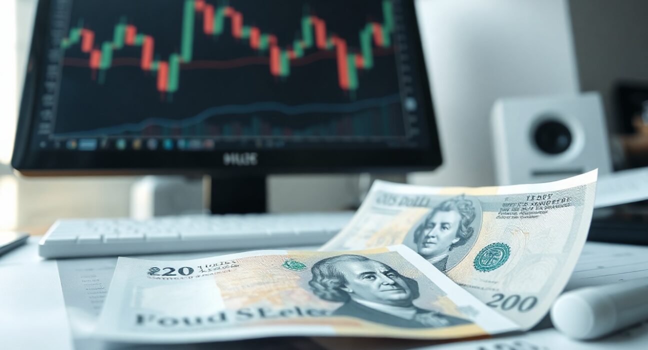 British Pound and US Dollar banknotes with a financial chart in the background
