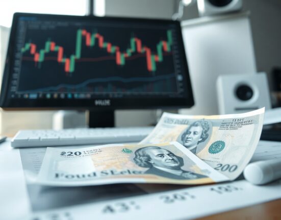 British Pound and US Dollar banknotes with a financial chart in the background