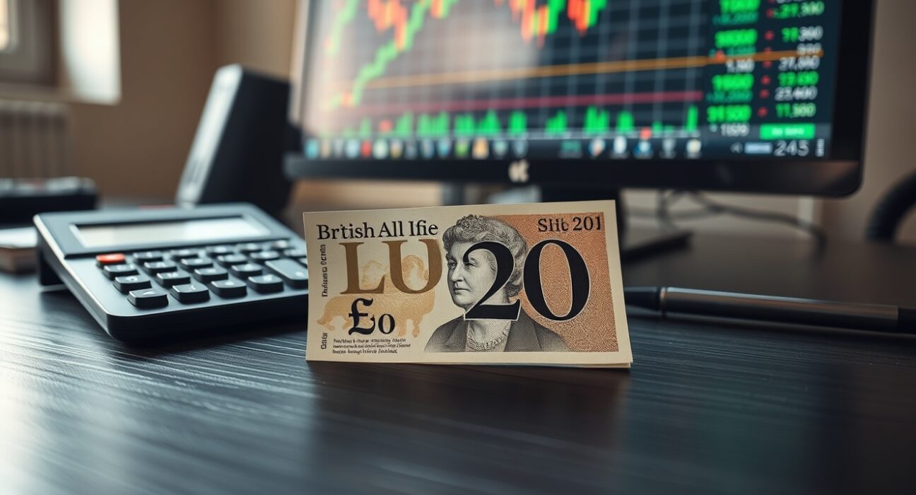 A British Pound £20 banknote on a desk with a calculator and financial charts in the background.