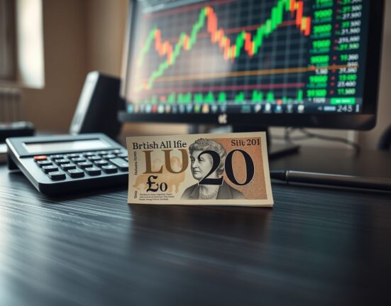 A British Pound £20 banknote on a desk with a calculator and financial charts in the background.