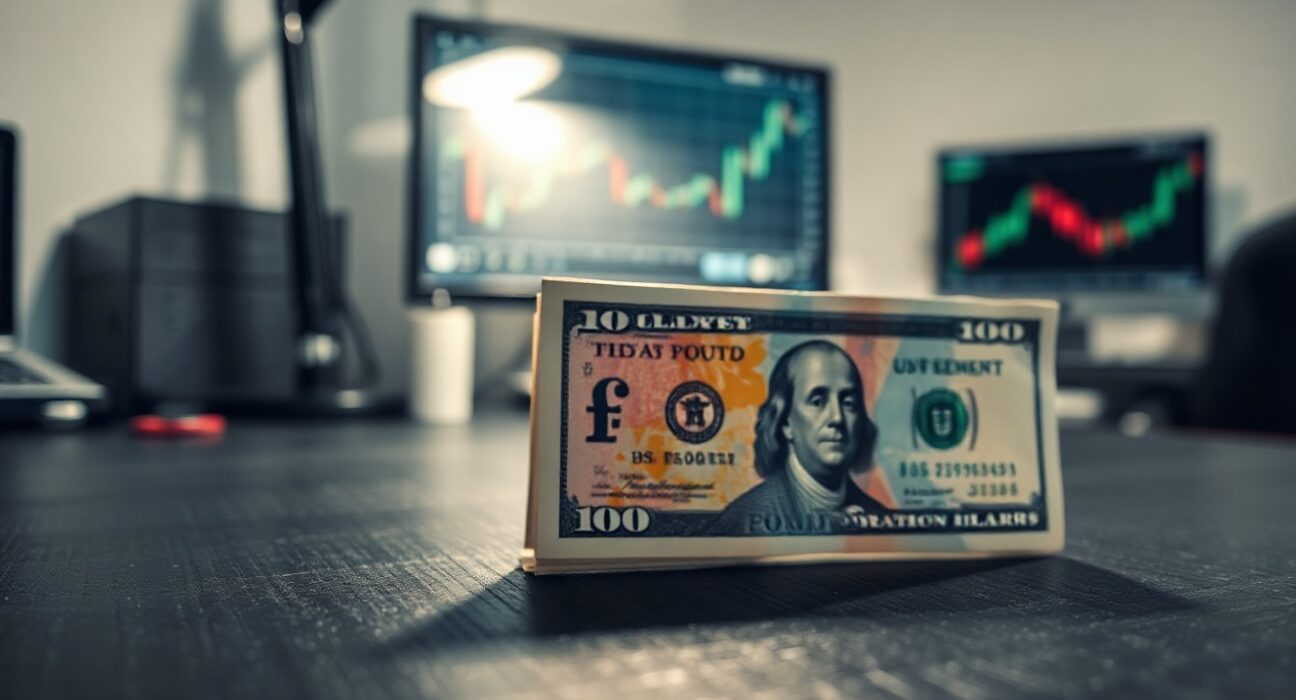 British pound and US dollar banknotes on a desk with a blurred financial chart background.