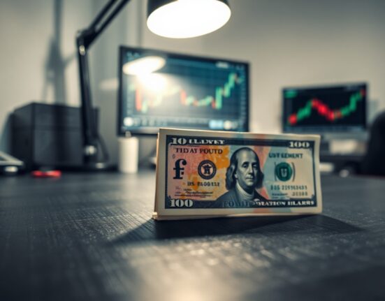 British pound and US dollar banknotes on a desk with a blurred financial chart background.