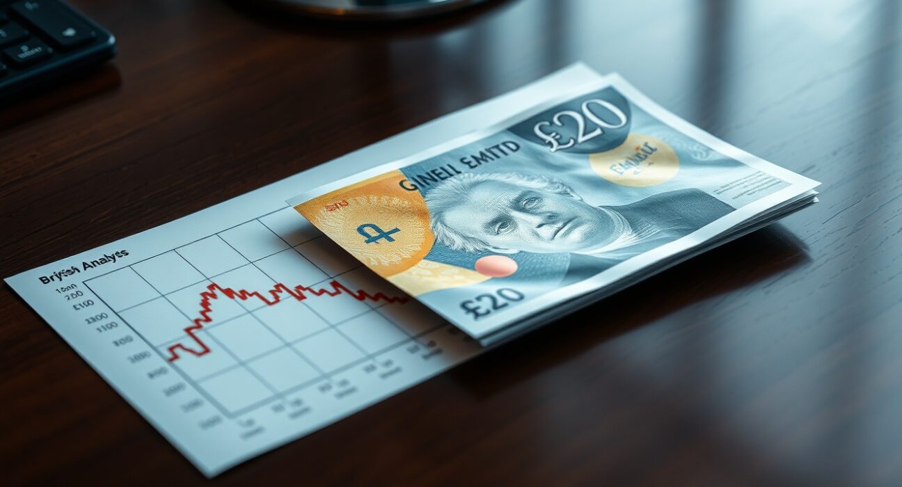 British Pound Sterling banknote on desk with financial chart showing declining trend