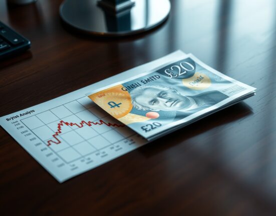British Pound Sterling banknote on desk with financial chart showing declining trend