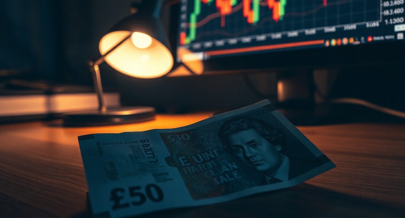 British Pound Sterling note on desk with blurred stock chart background, symbolizing hawkish monetary policy and economic uncertainty.