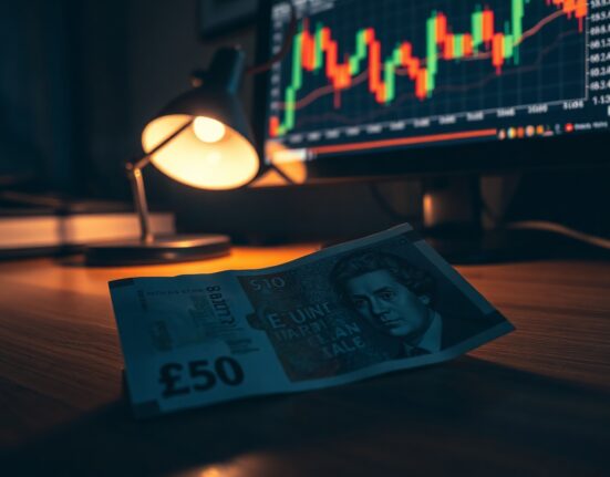 British Pound Sterling note on desk with blurred stock chart background, symbolizing hawkish monetary policy and economic uncertainty.