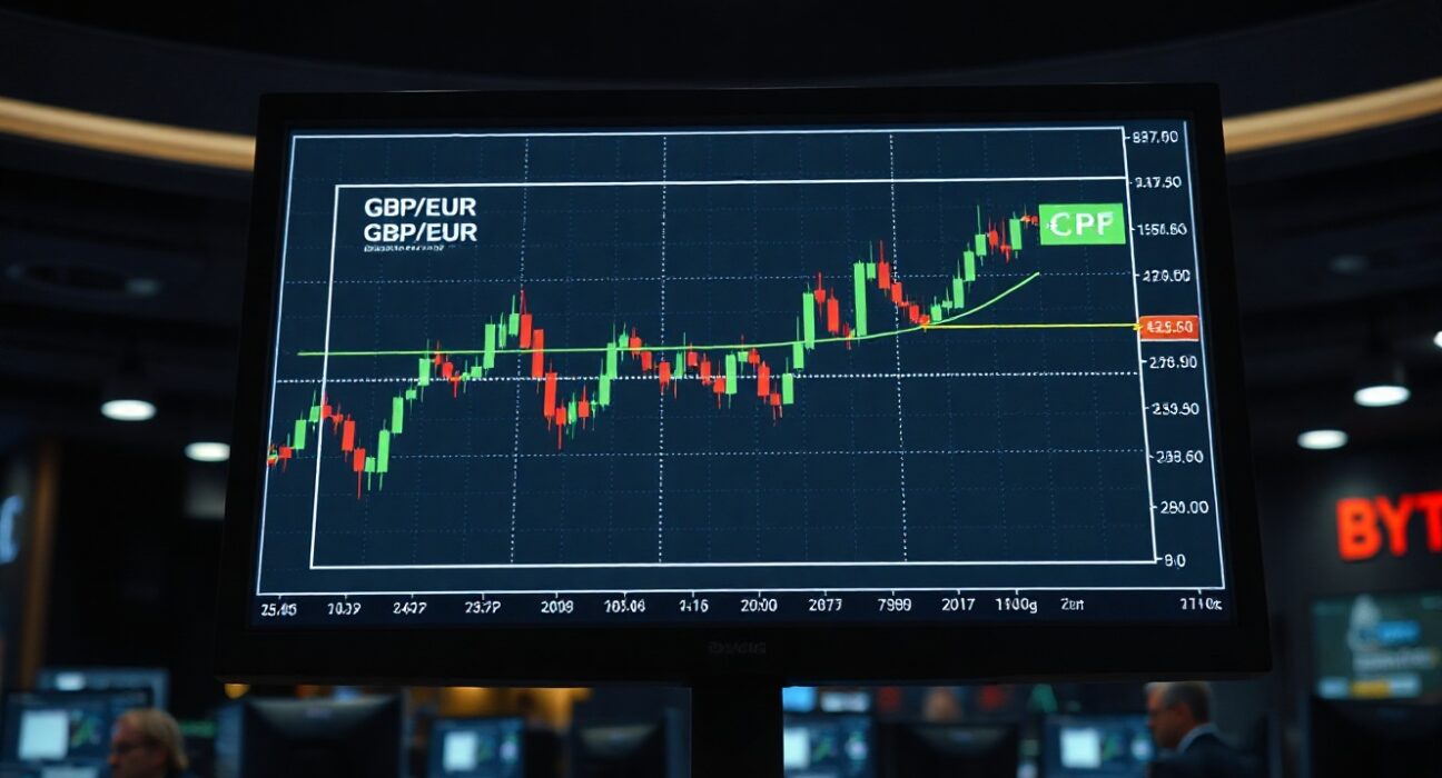 Financial chart on a trading monitor showing a head and shoulders pattern for GBP/EUR currency pair.