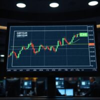 Financial chart on a trading monitor showing a head and shoulders pattern for GBP/EUR currency pair.